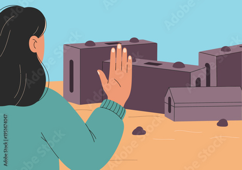 A stylized illustration depicts a woman stopping a hand gesture representing war, with buildings in the background. A clear message of peace and non-violence is conveyed.