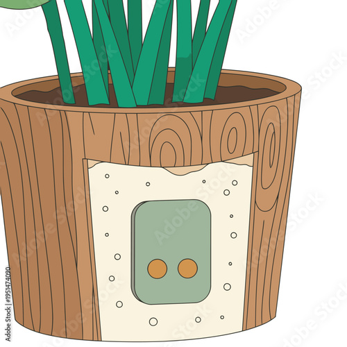 A stylized illustration showcases a smart plant sensor in a wooden pot, integrated into a modern office setting. Clean lines and a minimalist design highlight the technology.