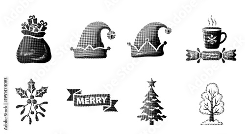 Christmas Halftone Icon Set: Festive Holiday Symbols in Black and White Vintage Style