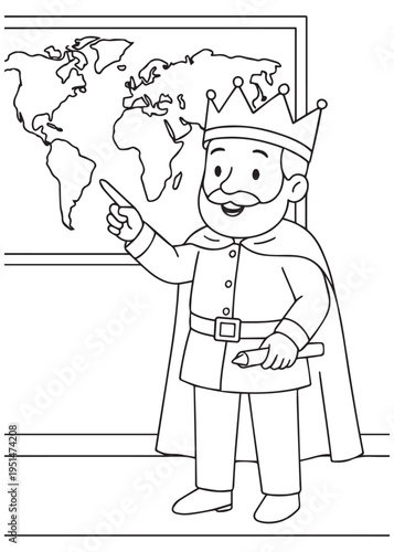 coloring book king pointing at a world map while teaching geography class