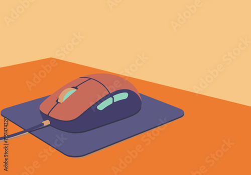 A vibrant computer mouse rests on a blue mousepad on a desk. Clean, modern illustration. Perfect for tech, business, or office themes.