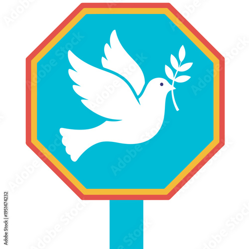 A vibrant stop sign featuring a dove with a peace sign, symbolizing peace and harmony. Clean, modern design suitable for various commercial uses.