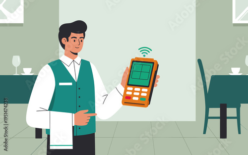 A waiter uses a mobile payment terminal in a restaurant setting. Modern illustration, clean design, showcasing digital payment convenience.