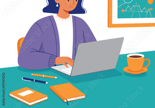 A vibrant tech professional works on a laptop in a green office. She?s smiling, enjoying a coffee, and surrounded by notes and pens. Modern, bright workspace.