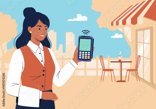 A smiling waitress presents a handheld payment terminal outdoors, ready for customer transactions. Modern, professional, and visually appealing for commercial use.