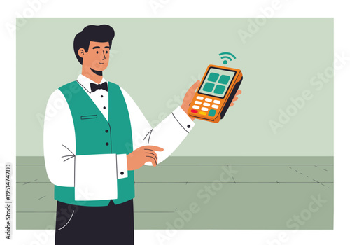 A waiter uses a mobile payment terminal, showcasing modern service. Clean, professional, and visually appealing for commercial use.