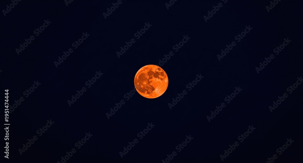 Naklejka premium Magnified close up view of a scarlet full moon brightly shining in a pristine night sky using telephoto lens