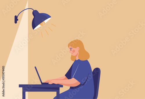 A woman works at her laptop in a dimly lit office, highlighting the poor lighting hazard. She smiles, focused on her work. A clear visual contrast.