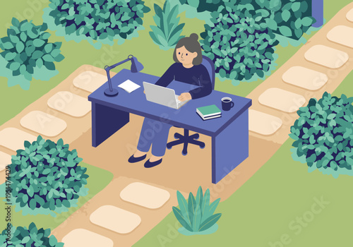 A woman works in a serene garden office, blending nature and productivity. A laptop, mug, and book create a cozy workspace amidst lush greenery. Ideal for remote work visuals.
