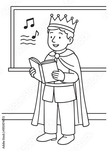 coloring book king standing at the board reading aloud and leading the class song