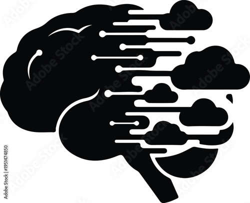 Silhouette brain connecting with digital cloud technology in modern vector design