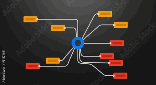 Central blue node connected to multiple orange and red rectangular nodes in a clear diagrammatic representation