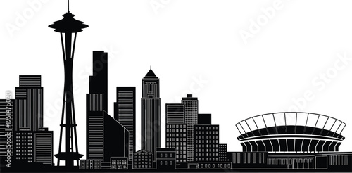 City Skyline Silhouette with Iconic Tower and Stadium Illustration