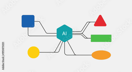 Abstract network of colorful geometric shapes and lines representing artificial intelligence and data connections