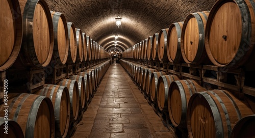 Full view of oak wine barrels stored in a traditional cellar