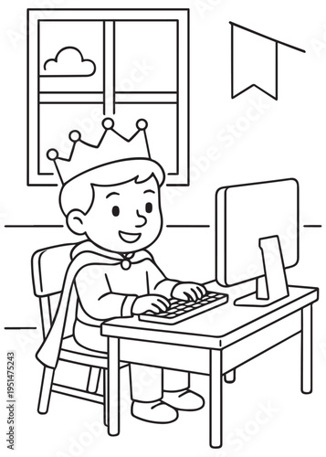 coloring book king working on a computer at his desk in class