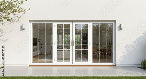 Exterior view of white UPVC double glazed sliding patio doors with grid patterns on modern property
