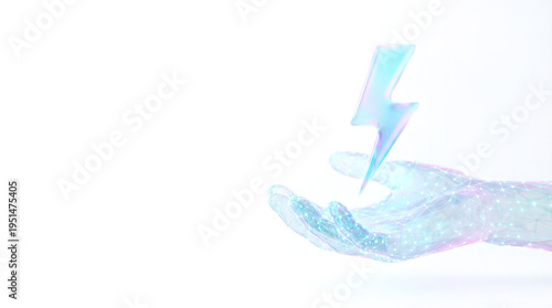 Digital power concept featuring wireframe hand and lightning bolt
