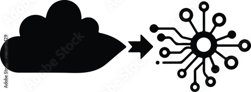 Silhouette cloud computing technology icon with arrow and electronic circuit vector design