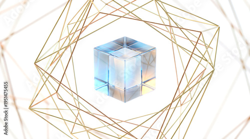 Blockchain technology concept featuring glass cube in gold cage
