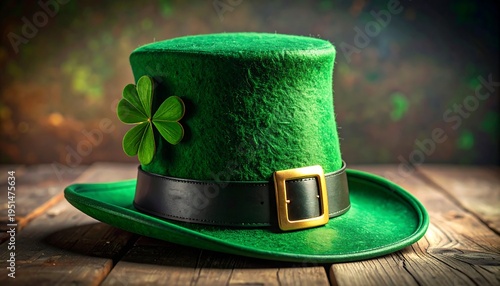 Green leprechaun hat with clover on rustic wooden planks, St. Patrick's Day celebration