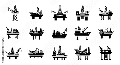 Offshore Oil and Gas Platforms - A Collection of Black and White Icons.