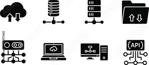 Cloud Computing and Data Infrastructure Icon Set, Black Flat Vector Graphics for Web Hosting, Network Server Management, API Integration, and Information Technology System Architecture