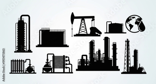 Oil and Gas Industry Silhouette - Refinery, Pumpjack, and Storage Tanks.