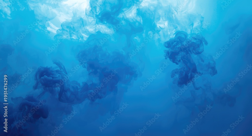 Obraz premium Soft azure background with electric blue smoke billows creating a serene underwater atmosphere and copy space
