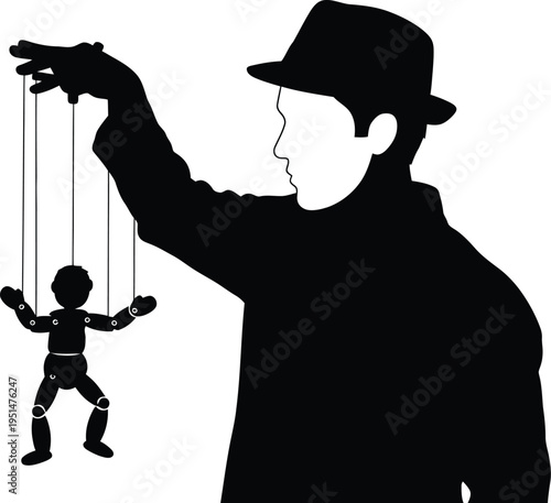 A man controlling a puppet with strings depicted in black silhouette