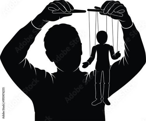 A person manipulating a puppet with strings a striking black silhouette