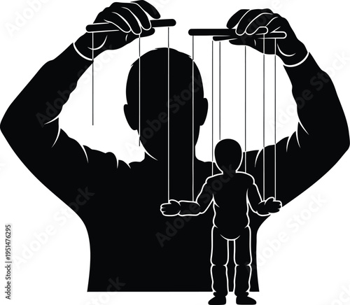 A puppeteer controls a marionette with strings depicted in black silhouette