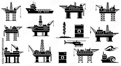 Oil and Gas Industry Icons - Offshore Platforms, Vessels, and Equipment.