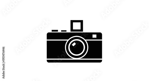 Black and white vector illustration of a vintage camera on a white background