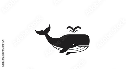 Black and white whale illustration with water splash isolated on white