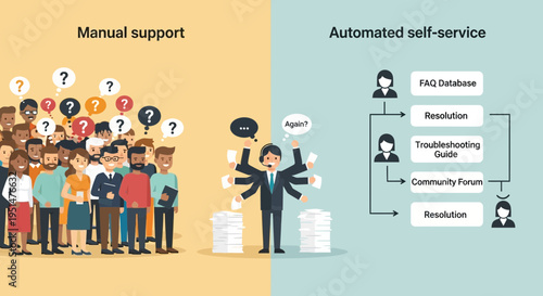 Comparing manual support and automated service with overwhelmed agent and workflow diagram