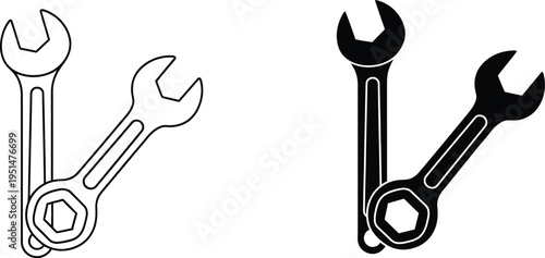 Two wrenches one outlined and one solid black depicted as a silhouette