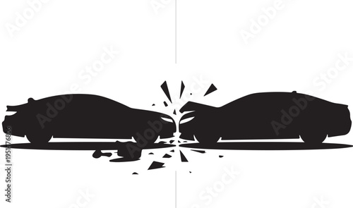Black silhouette of two cars crashing head on with debris