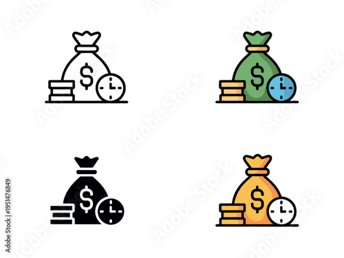 Time is money icon set collection with business concept symbols in flat outline solid and colored styles