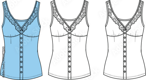 Fashion technical illustration of women’s sleeveless tops with V‑neckline, lace detailing, and button‑down front, perfect for garment construction, apparel design, and clothing pattern development.