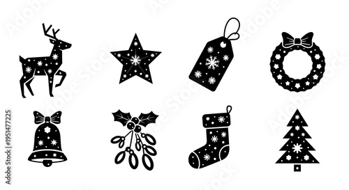 Minimalist Black Christmas Holiday Icons Collection with Festive Winter Elements