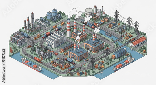 Isometric Illustration of a Polluted Industrial City with Factories and Smoke.