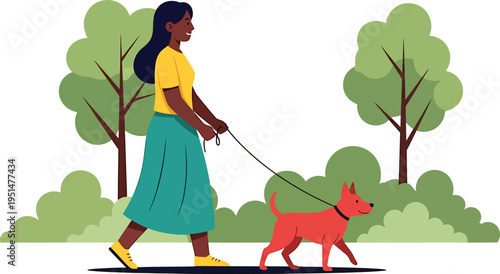 Black Woman Walking Red Dog on Leash in Park