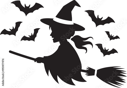 Black silhouette of witch flying on broomstick with bats