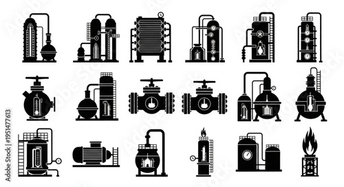 Black and White Chemical Plant Equipment Silhouettes.