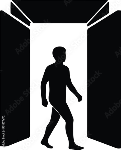 Silhouette of a man walking through a large open doorway vector design