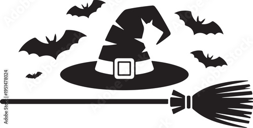 Black silhouette of witch's hat and broom with flying bats