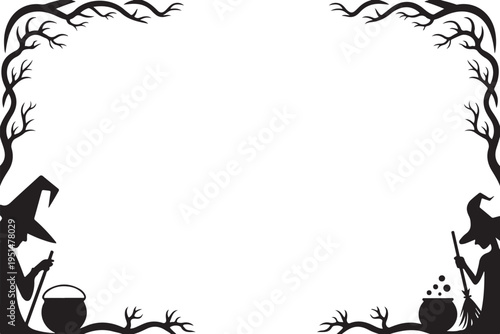 Black silhouette of witches with cauldron and broomstick in bare