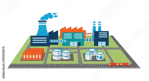 Illustration of a Factory with Buildings and Storage Tanks.