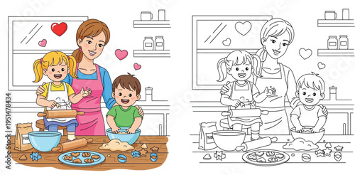 Happy Mother and Children Baking Cookies in Kitchen - Family Cooking Fun